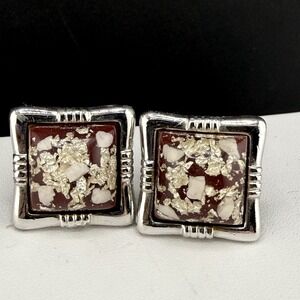 Vintage Hickok Cufflinks Red Confetti Lucite Silver Tone‎ Signed